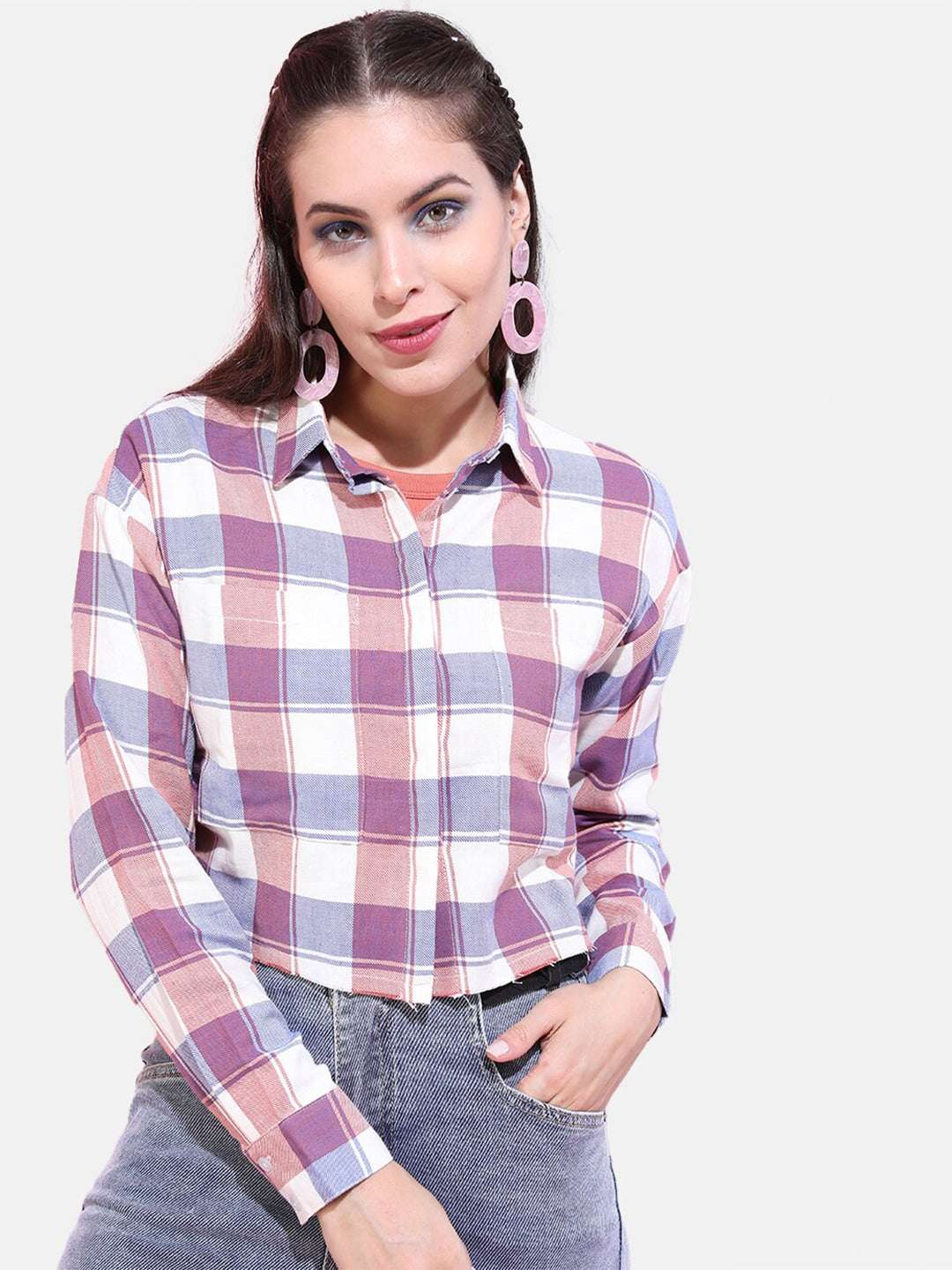 Shop Women Cropped Checked Shirt Online.