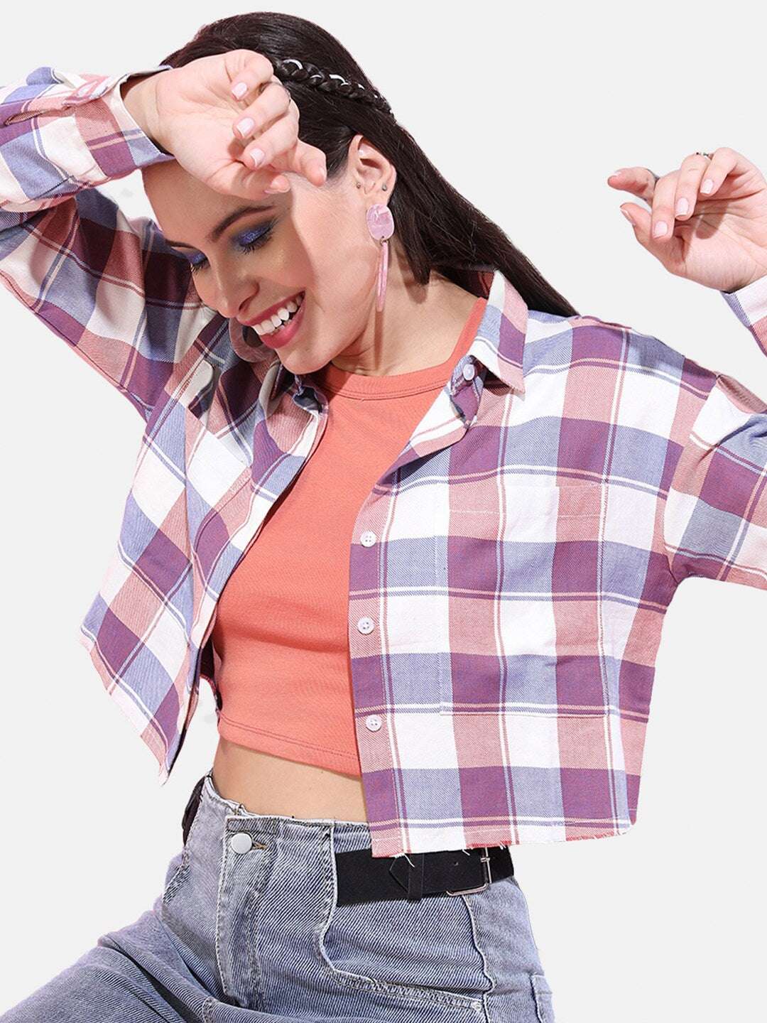 Shop Women Cropped Checked Shirt Online.