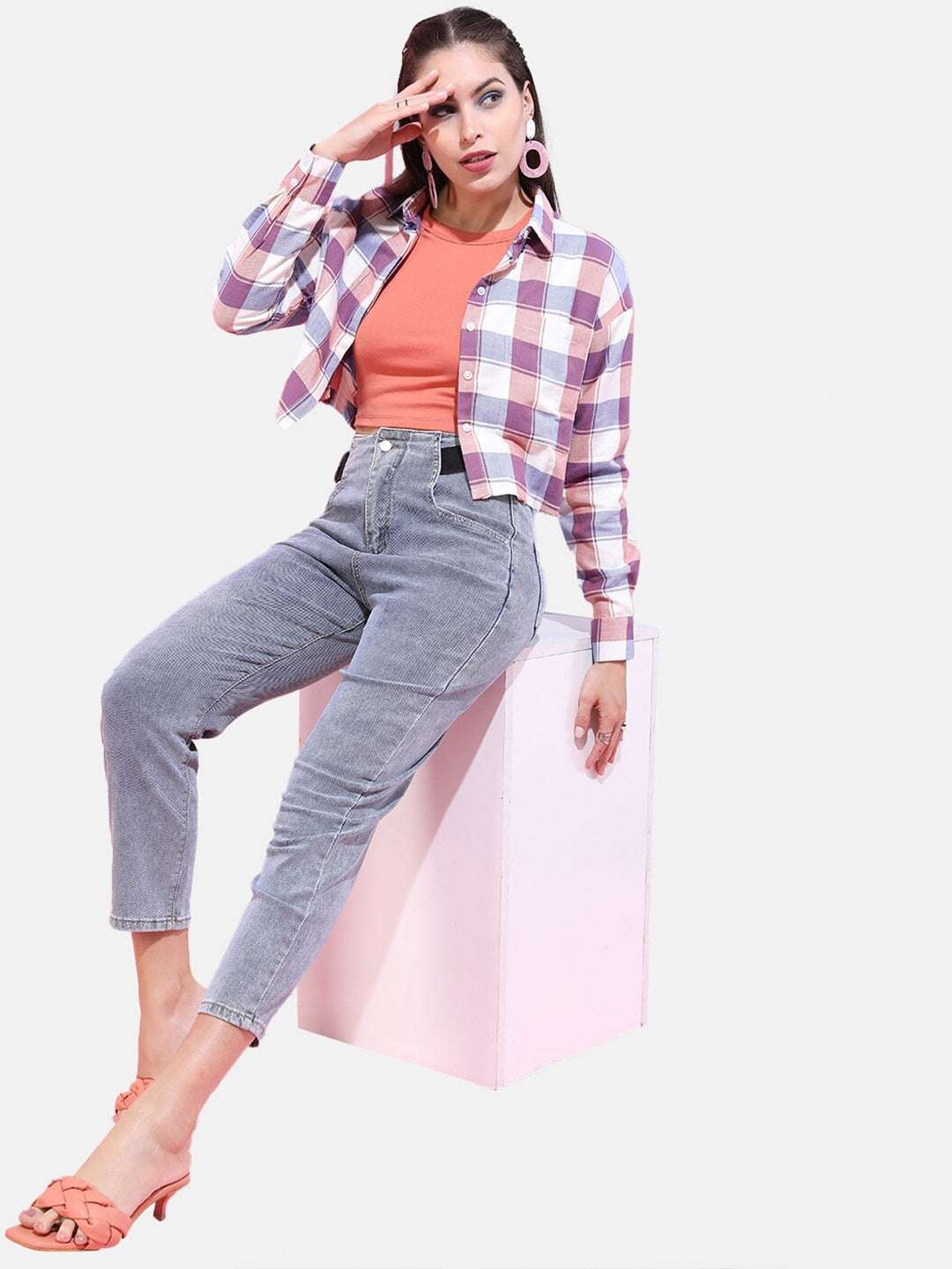 Shop Women Cropped Checked Shirt Online.