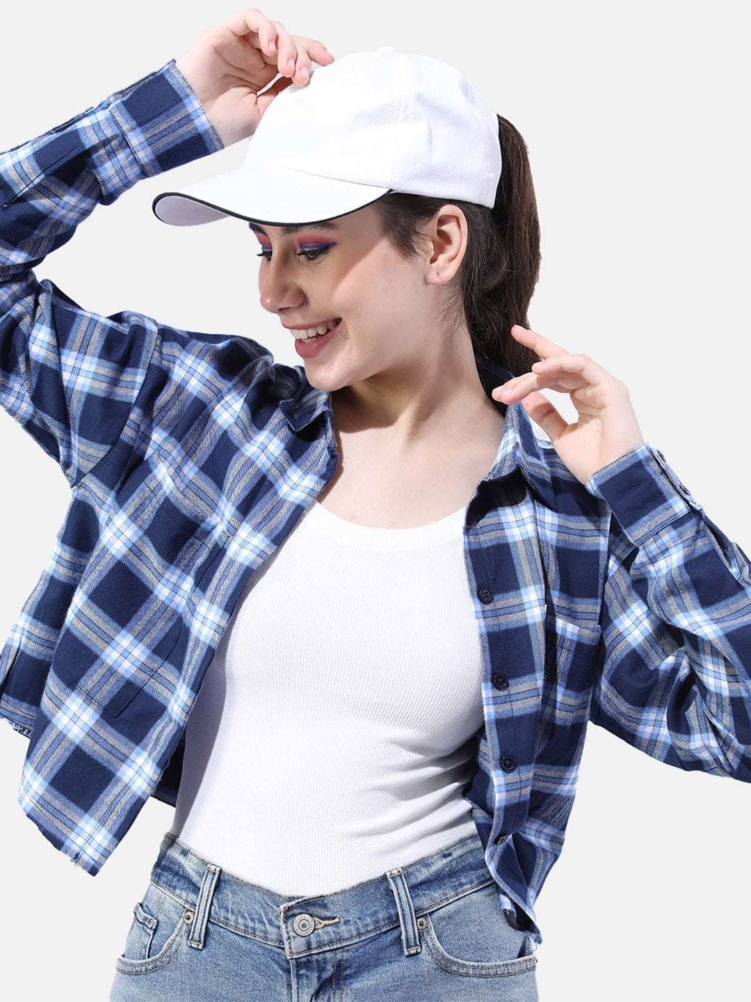 Shop Women Cropped Checked Shirt Online.