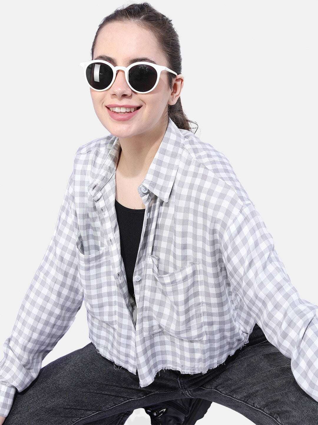 Shop Women Cropped Checked Shirt Online.