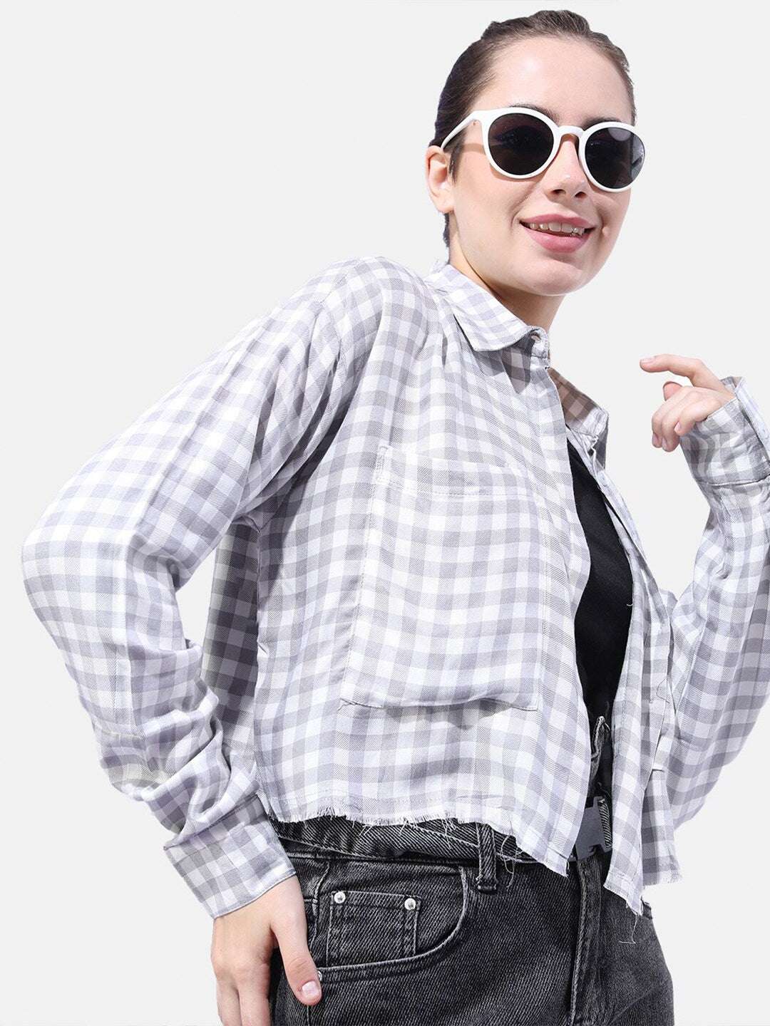 Shop Women Cropped Checked Shirt Online.