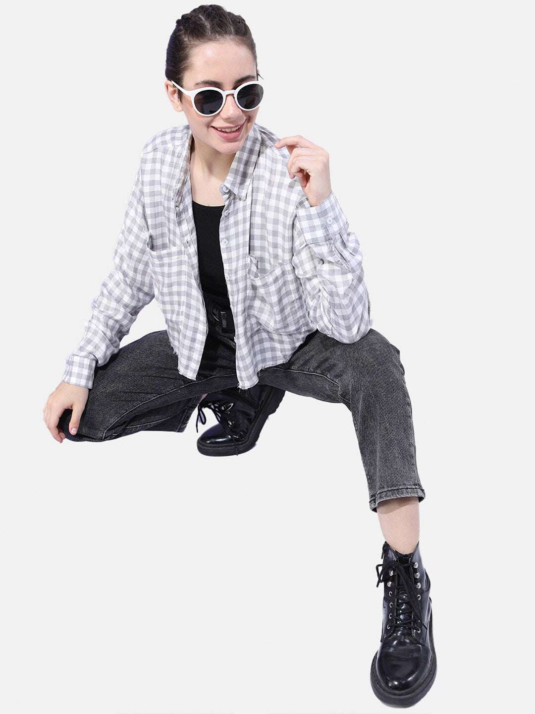 Shop Women Cropped Checked Shirt Online.