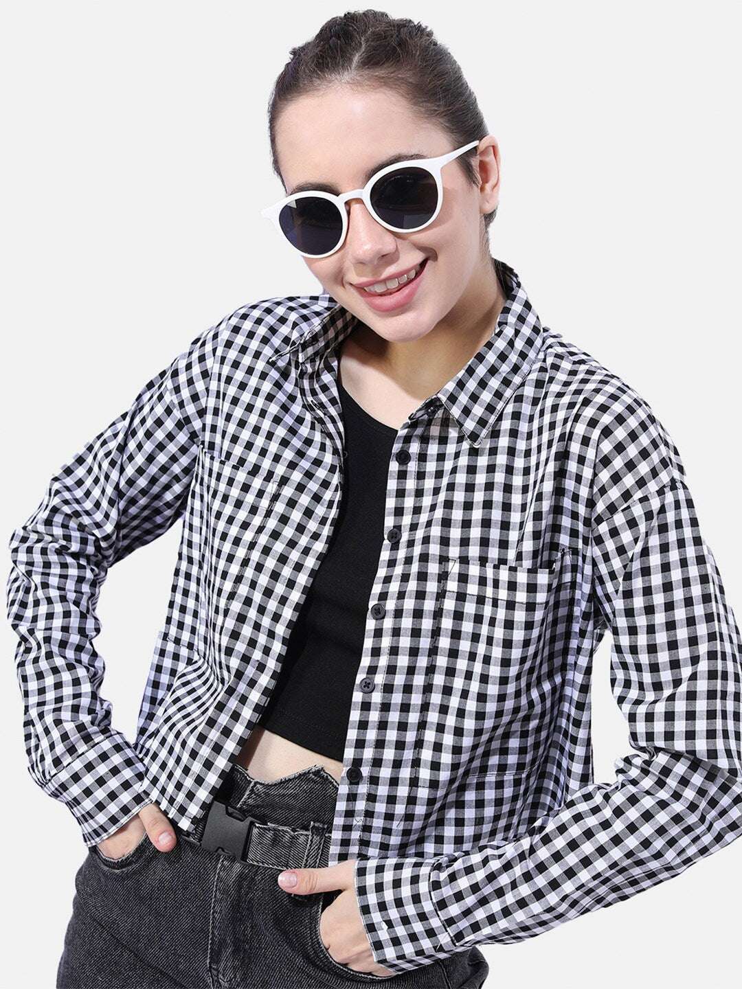 Shop Women Cropped Checked Shirt Online.