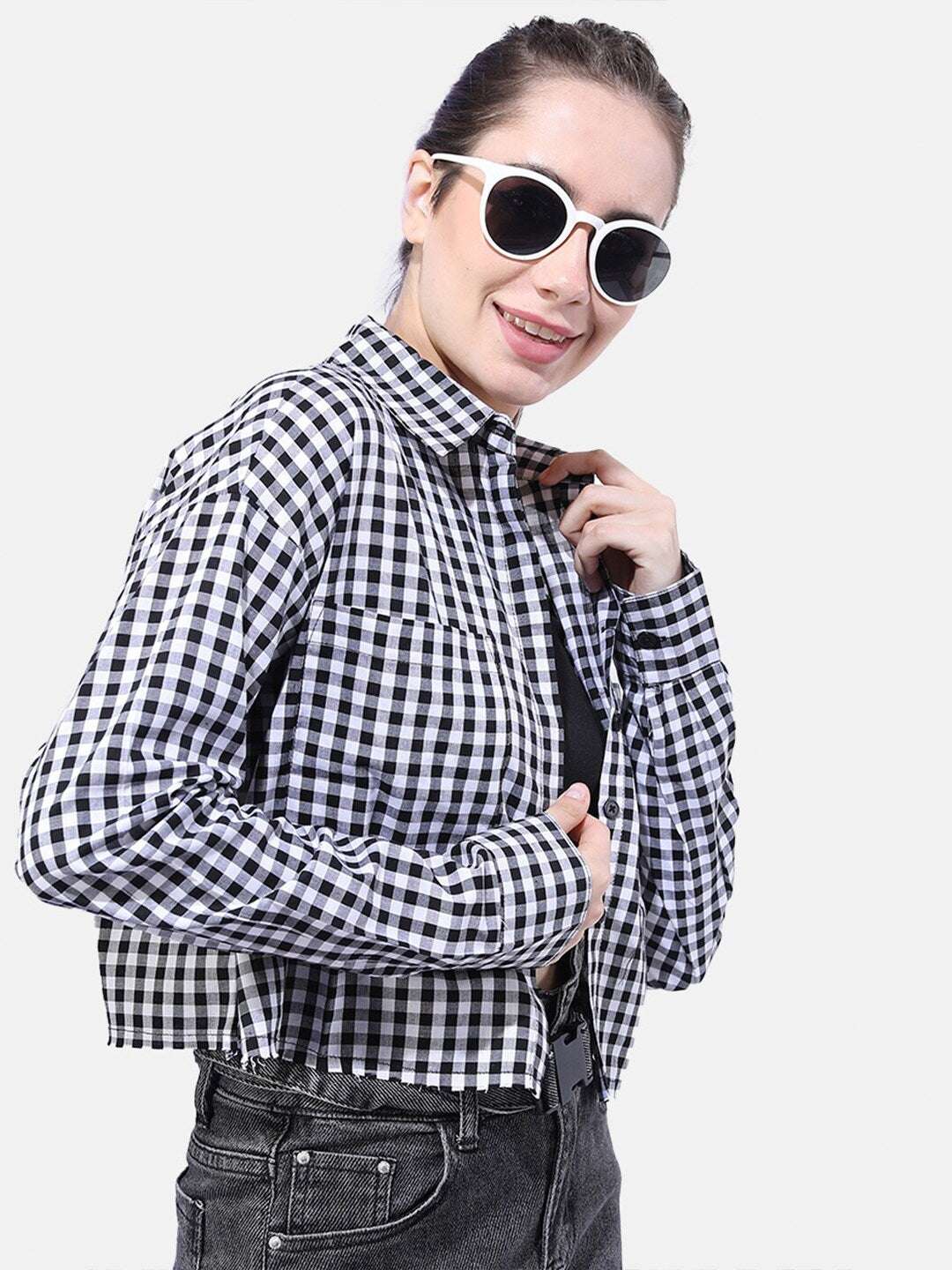 Shop Women Cropped Checked Shirt Online.