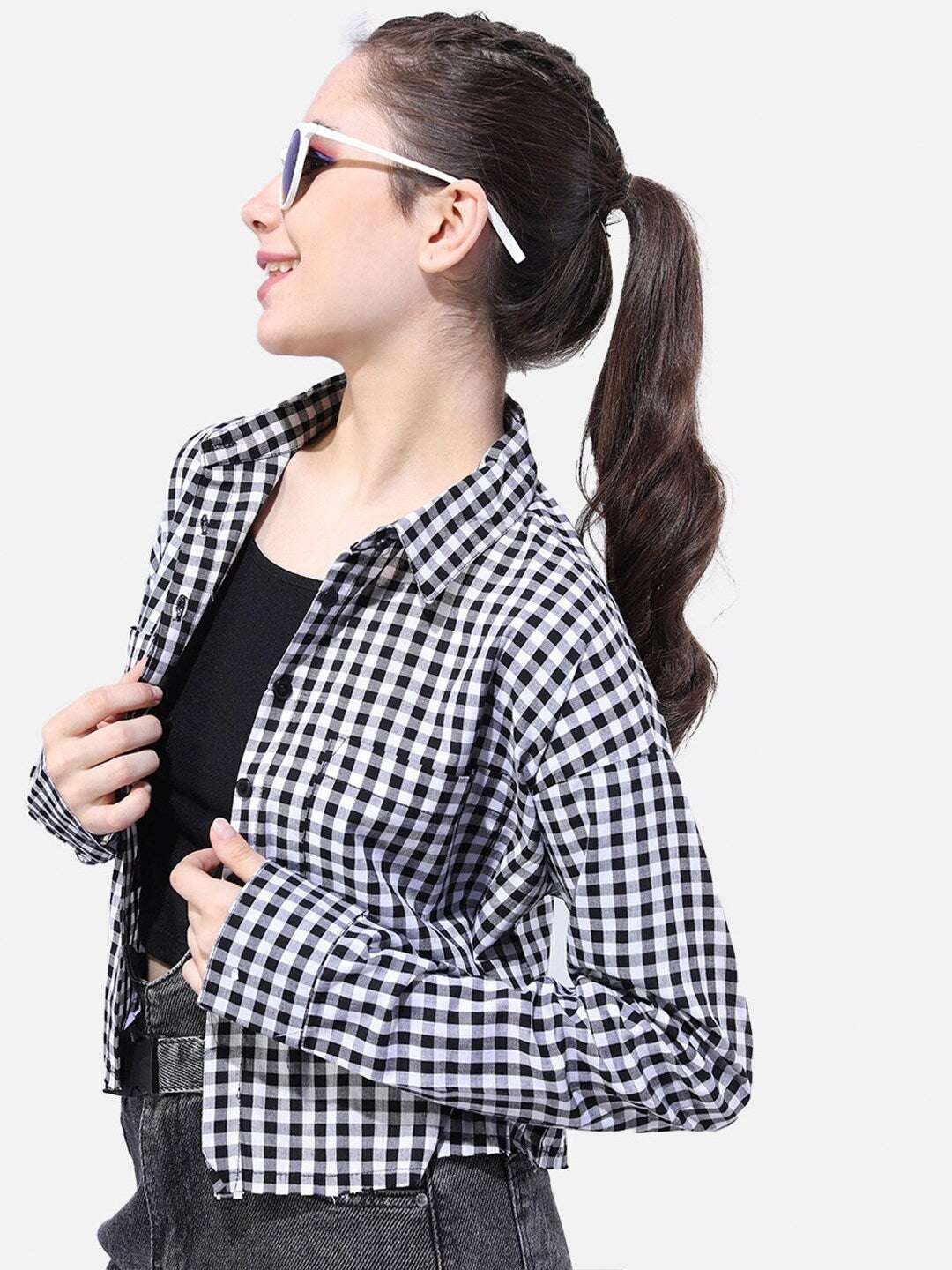 Shop Women Cropped Checked Shirt Online.