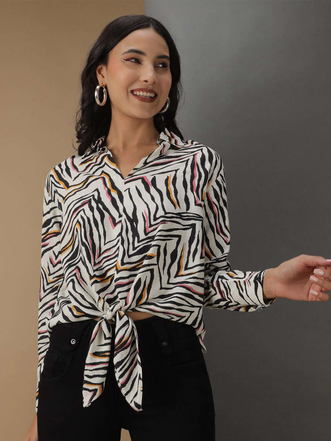 Shop Women Animal Printed Front Tie Up Shirt Online.