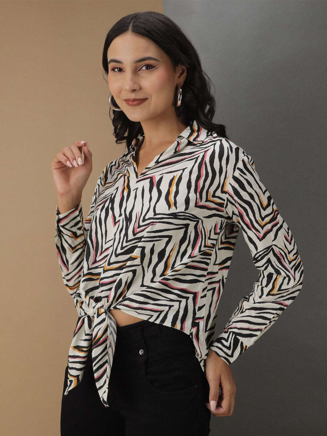 Shop Women Animal Printed Front Tie Up Shirt Online.