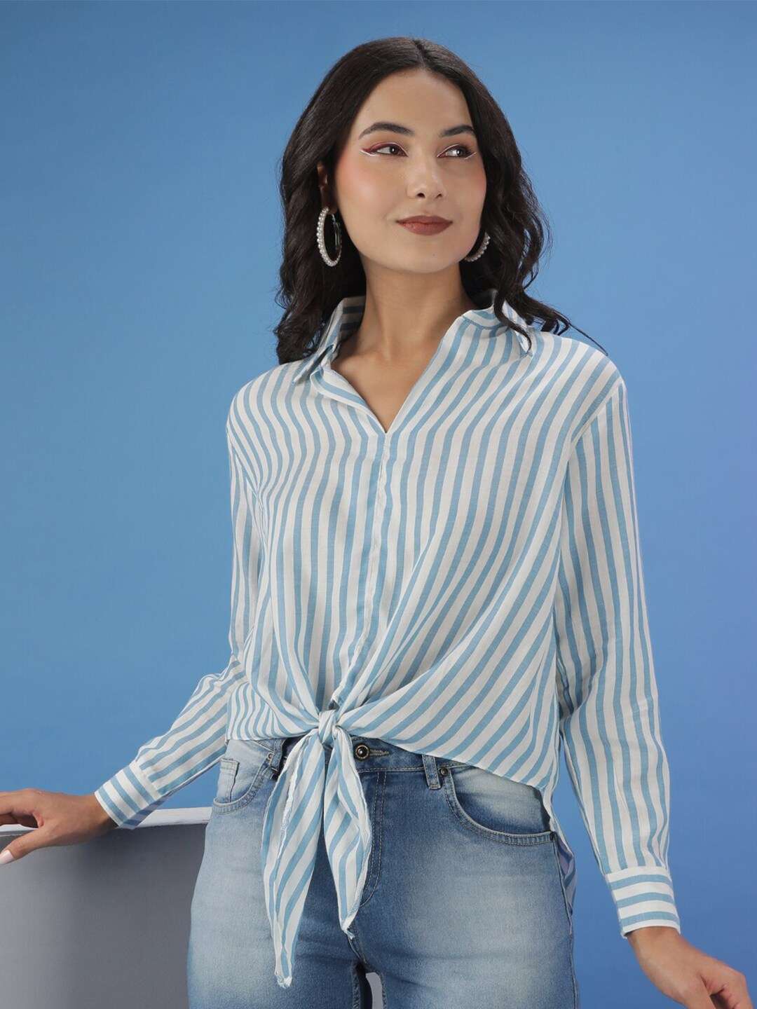 Women Striped Shirt With Front Tie Up