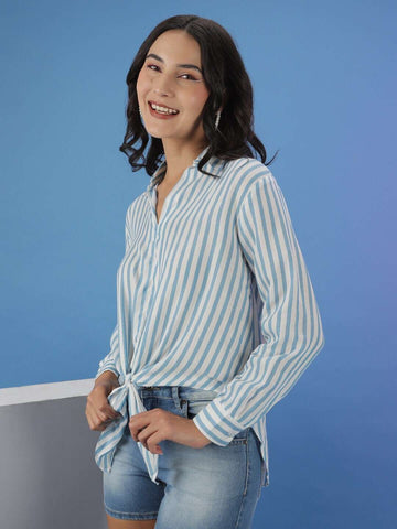 Shop Women Striped Shirt With Front Tie Up Online.
