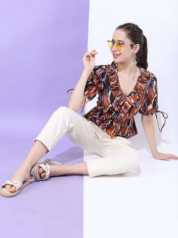 Shop Women Printed Top With Sleeve Tie Up Online.