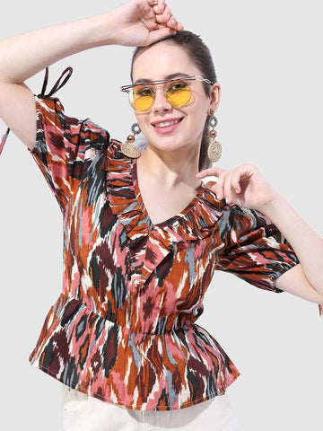 Shop Women Printed Top With Sleeve Tie Up Online.