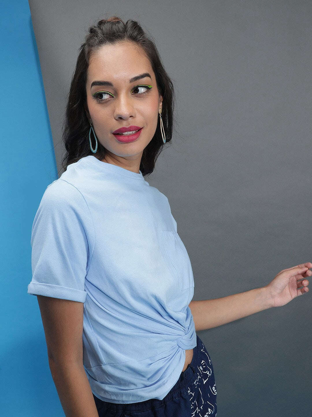 Shop Women Solid T-Shirt With Knotted Front Online.