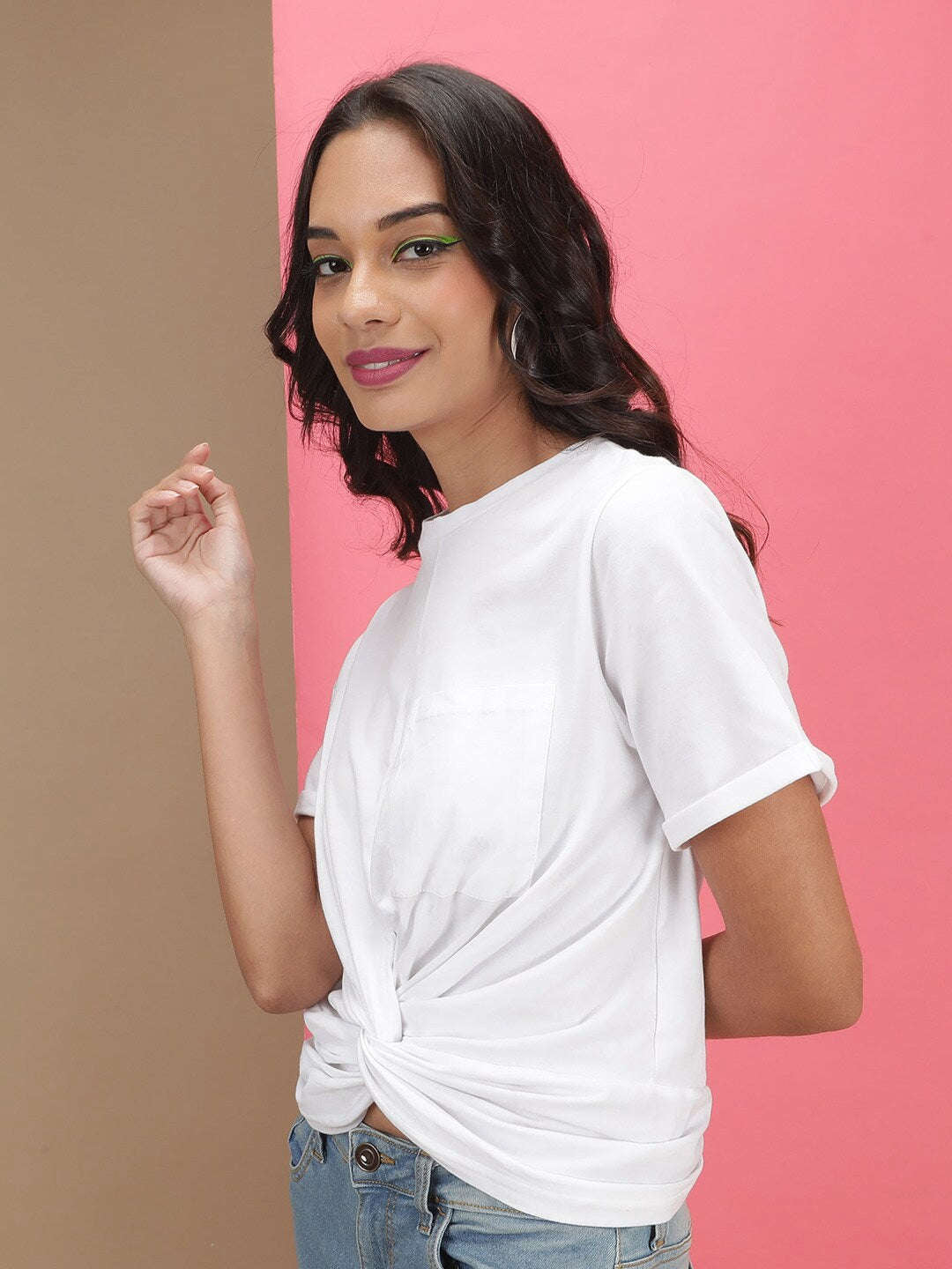 Shop Women Solid T-Shirt With Knotted Front Online.