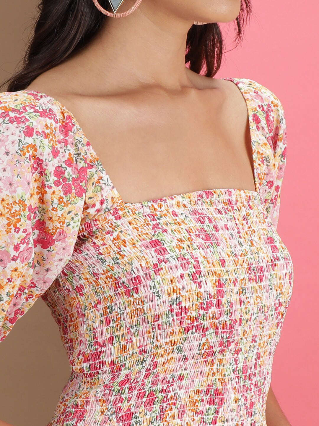 Shop Women Floral Printed Square Neck Smoked Top Online.