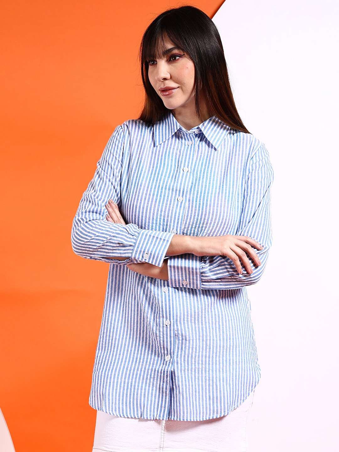 Shop Women Oversized Striped Seersucker Shirt Online.