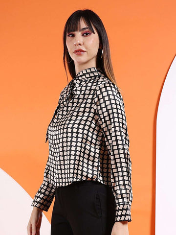 Shop Women Satin Printed Neck Tie Shirt Online.