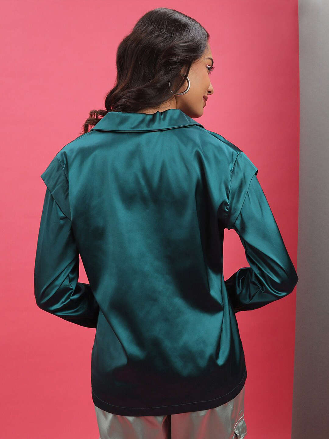 Shop Women Satin Lapel Collar Shirt Online.