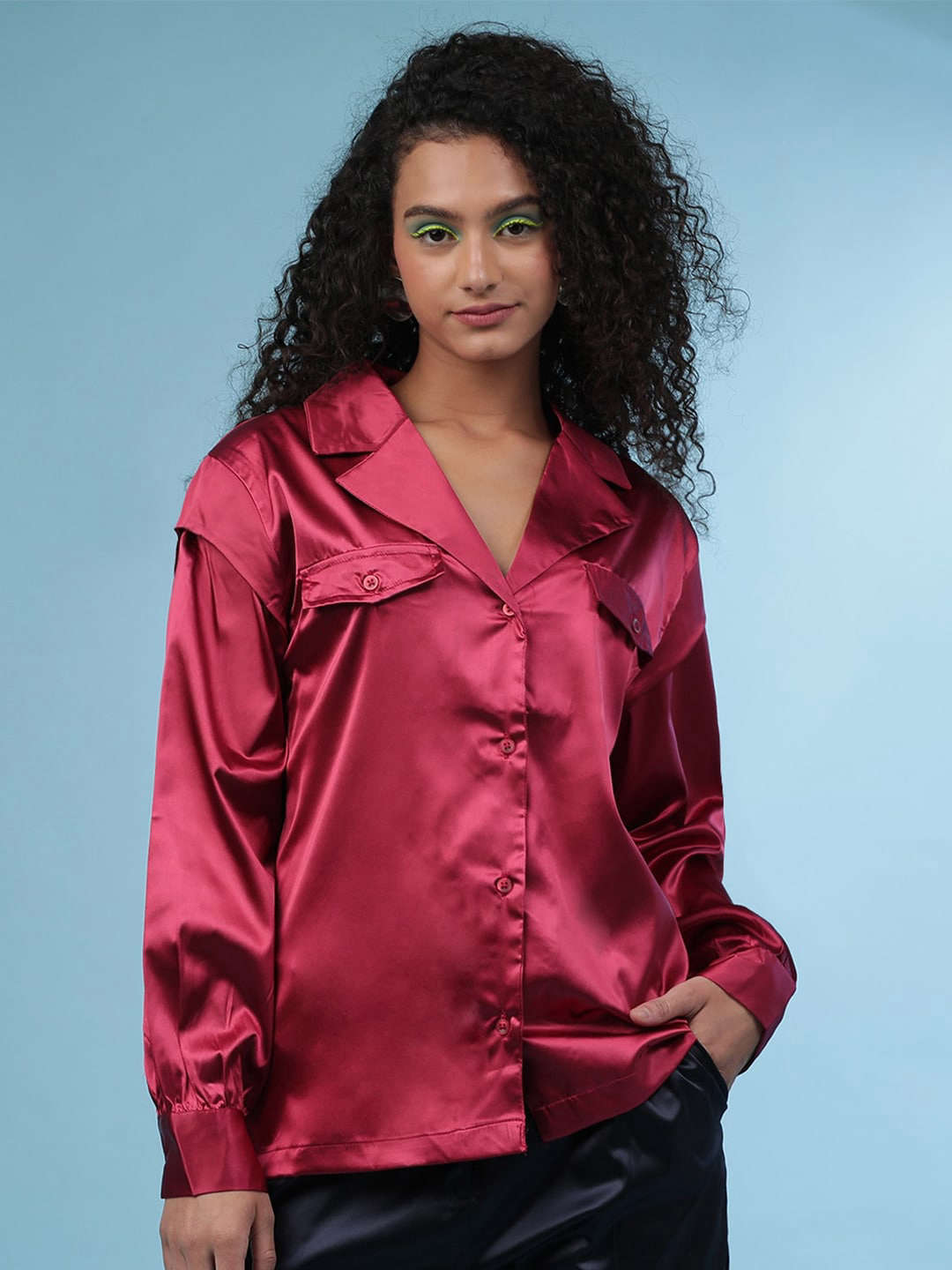 Shop Women Satin Lapel Collar Shirt Online.