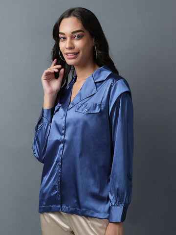 Shop Women Satin Lapel Collar Shirt Online.