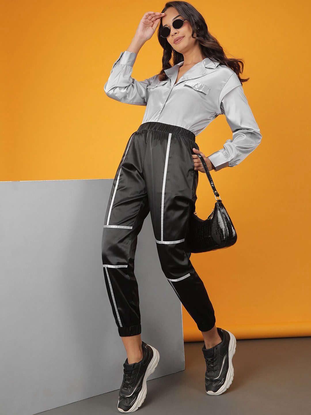 Shop Women Satin Jogger With Contrast Piping Online.