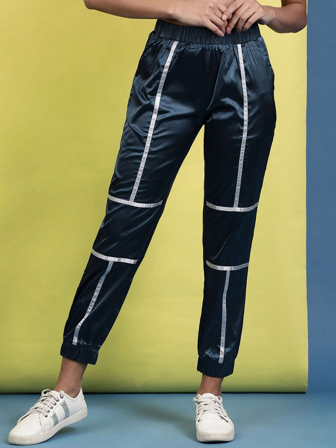 Shop Women Satin Jogger With Contrast Piping Online.