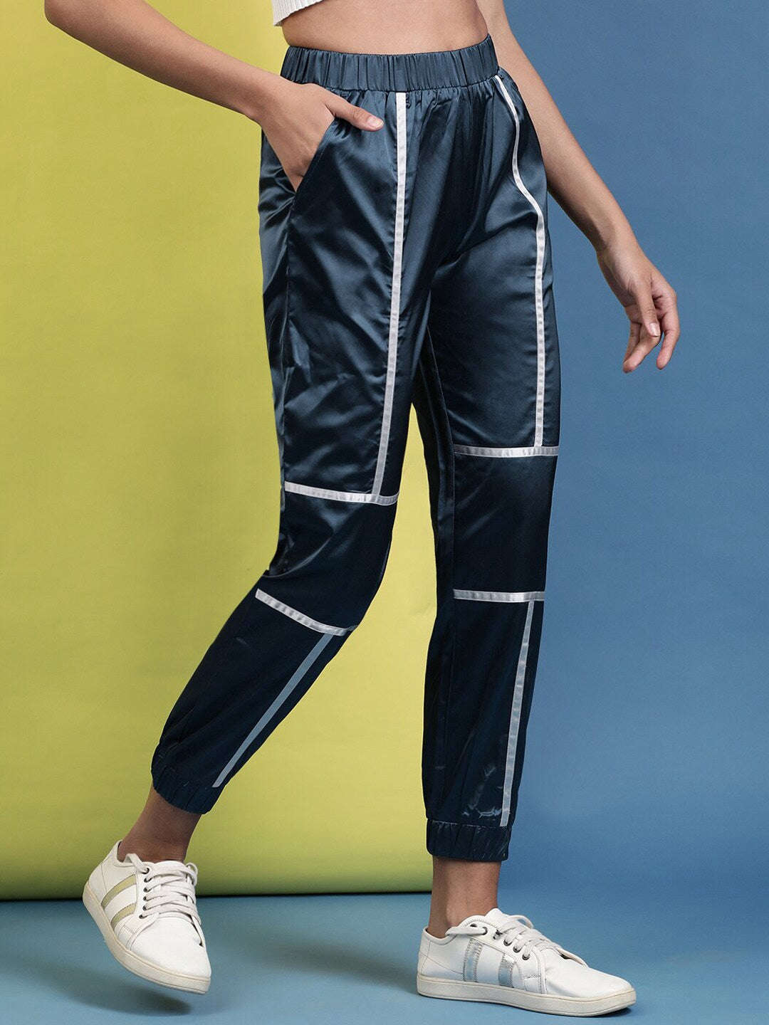 Shop Women Satin Jogger With Contrast Piping Online.