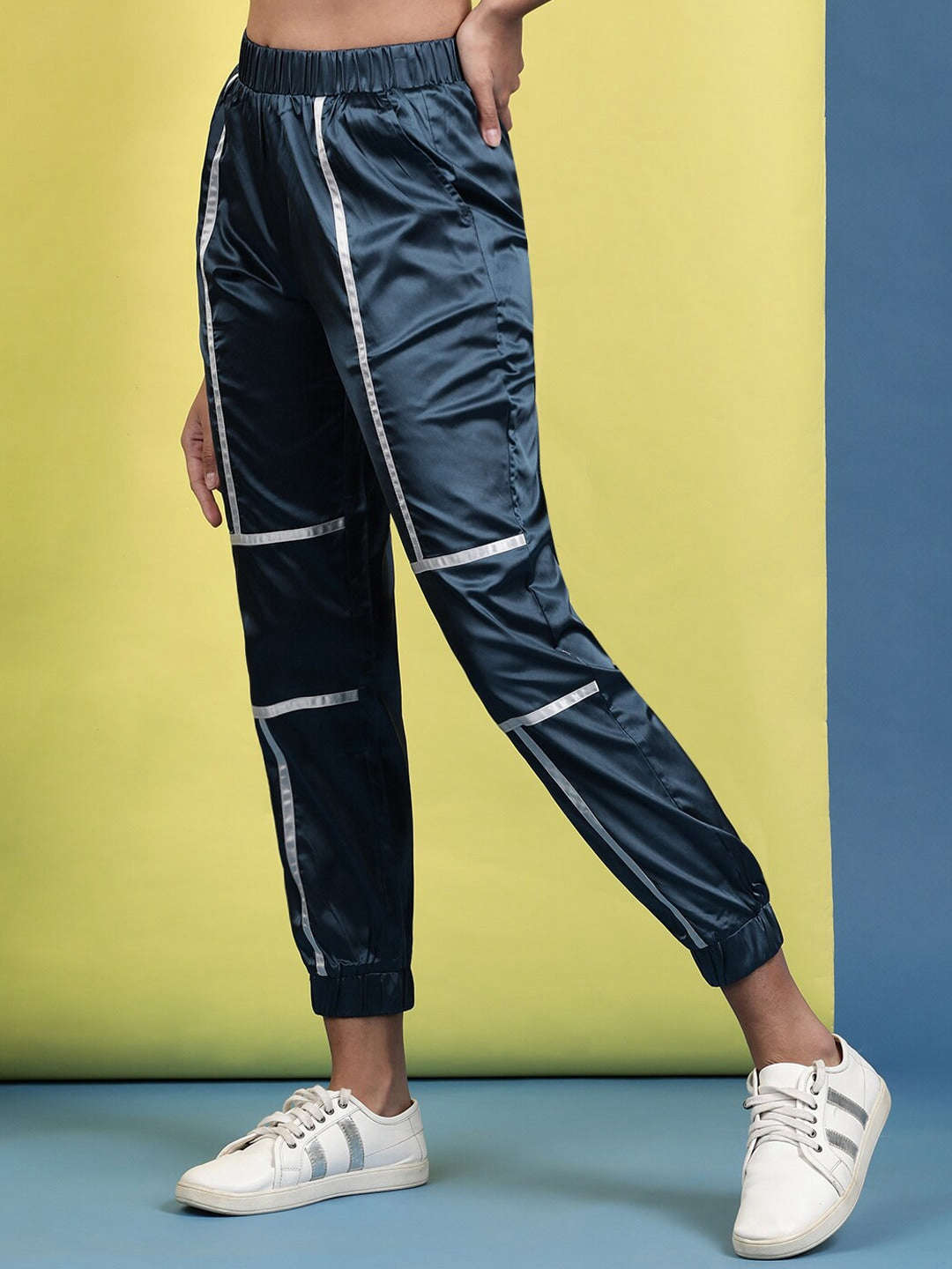 Shop Women Satin Jogger With Contrast Piping Online.