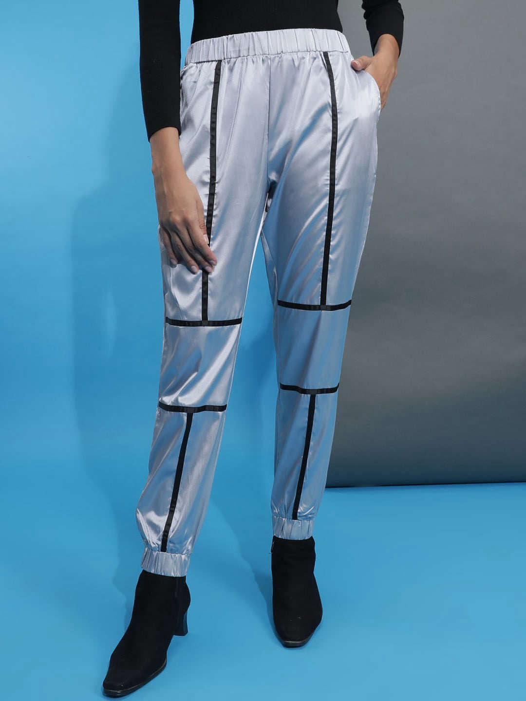 Shop Women Satin Jogger With Contrast Piping Online.