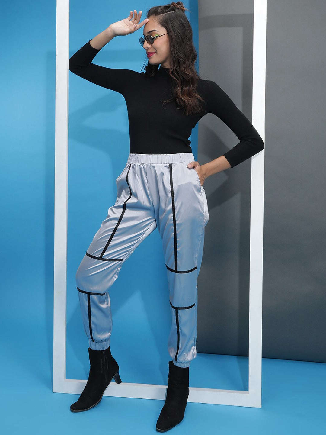 Shop Women Satin Jogger With Contrast Piping Online.