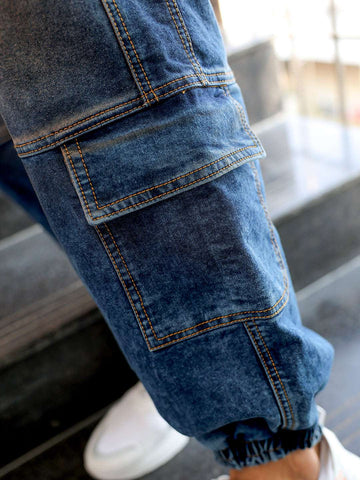 Men's Blue Loose Fit Solid Mid-Rise Stretchable Denim Joggers