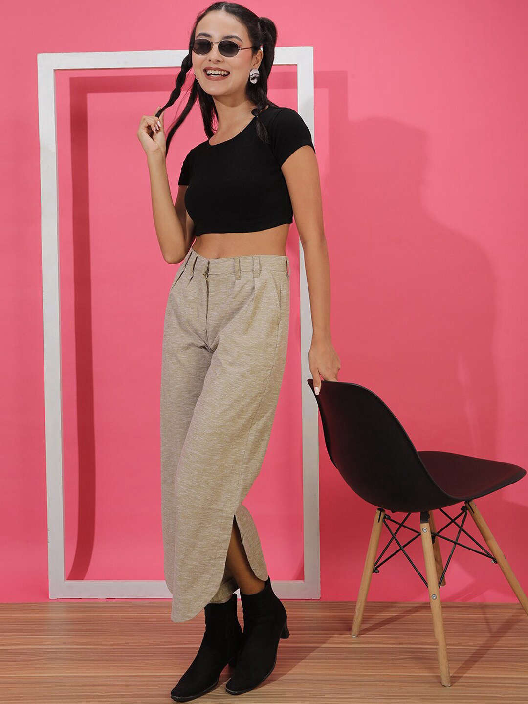 Shop Women Flare Pants With Curved Hem Online.