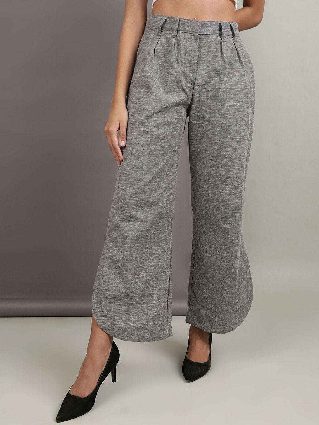 Shop Women Flare Pants With Curved Hem Online.