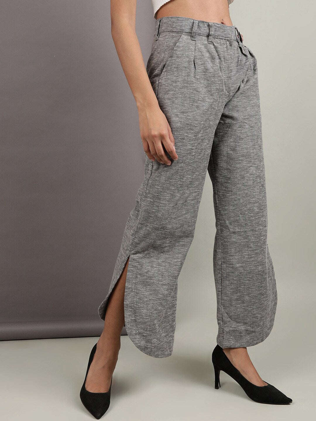 Shop Women Flare Pants With Curved Hem Online.