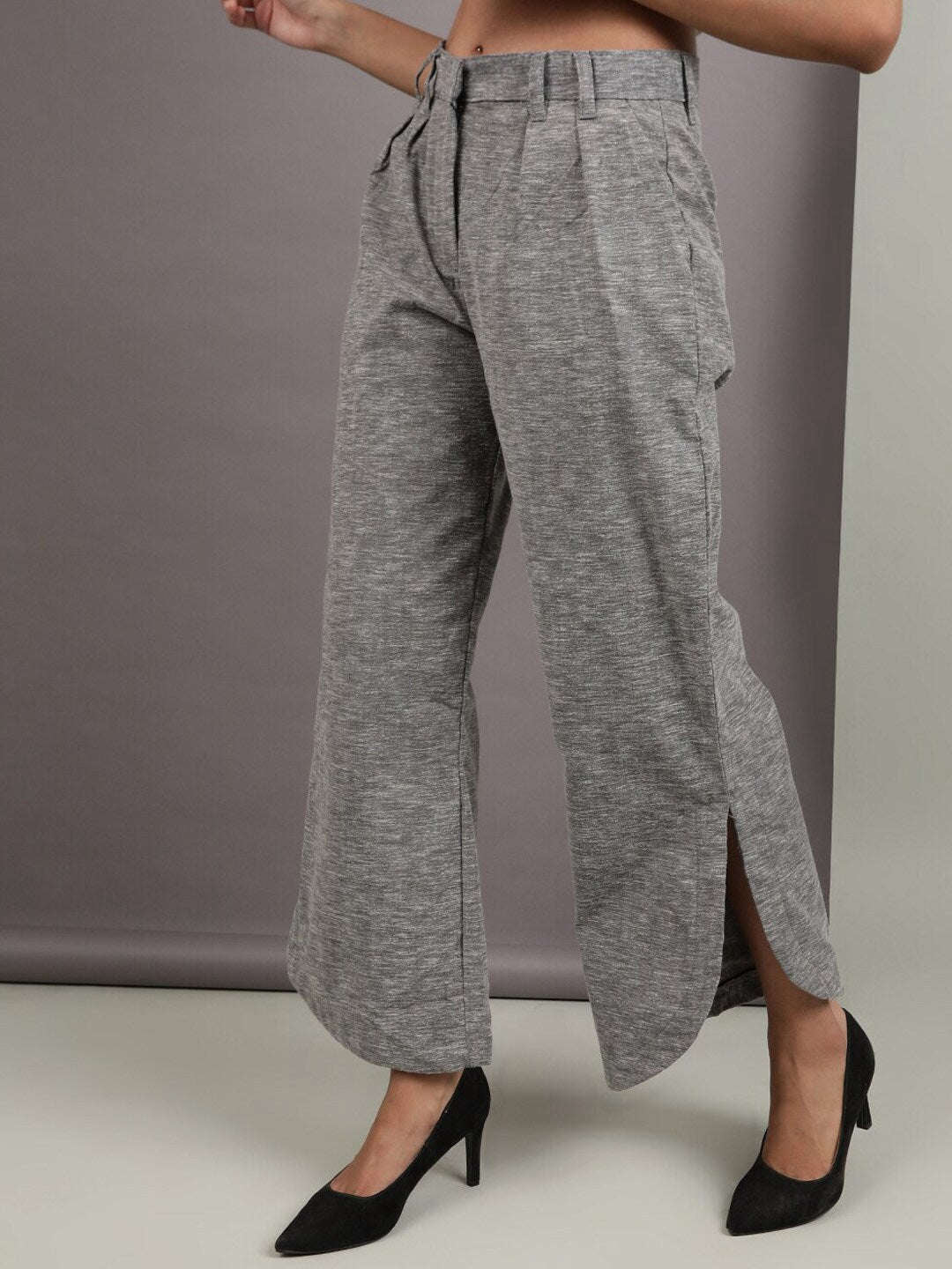 Shop Women Flare Pants With Curved Hem Online.