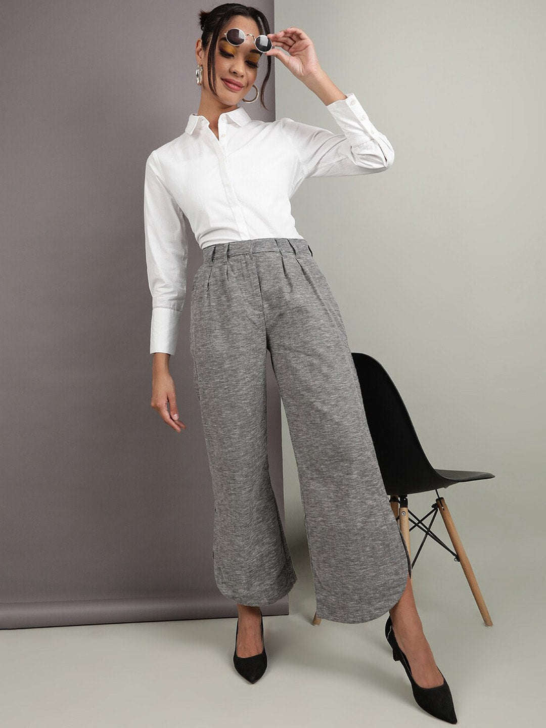 Shop Women Flare Pants With Curved Hem Online.