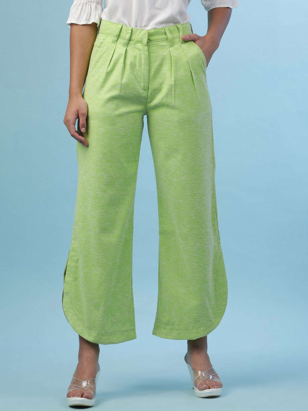 Shop Women Flare Pants With Curved Hem Online.