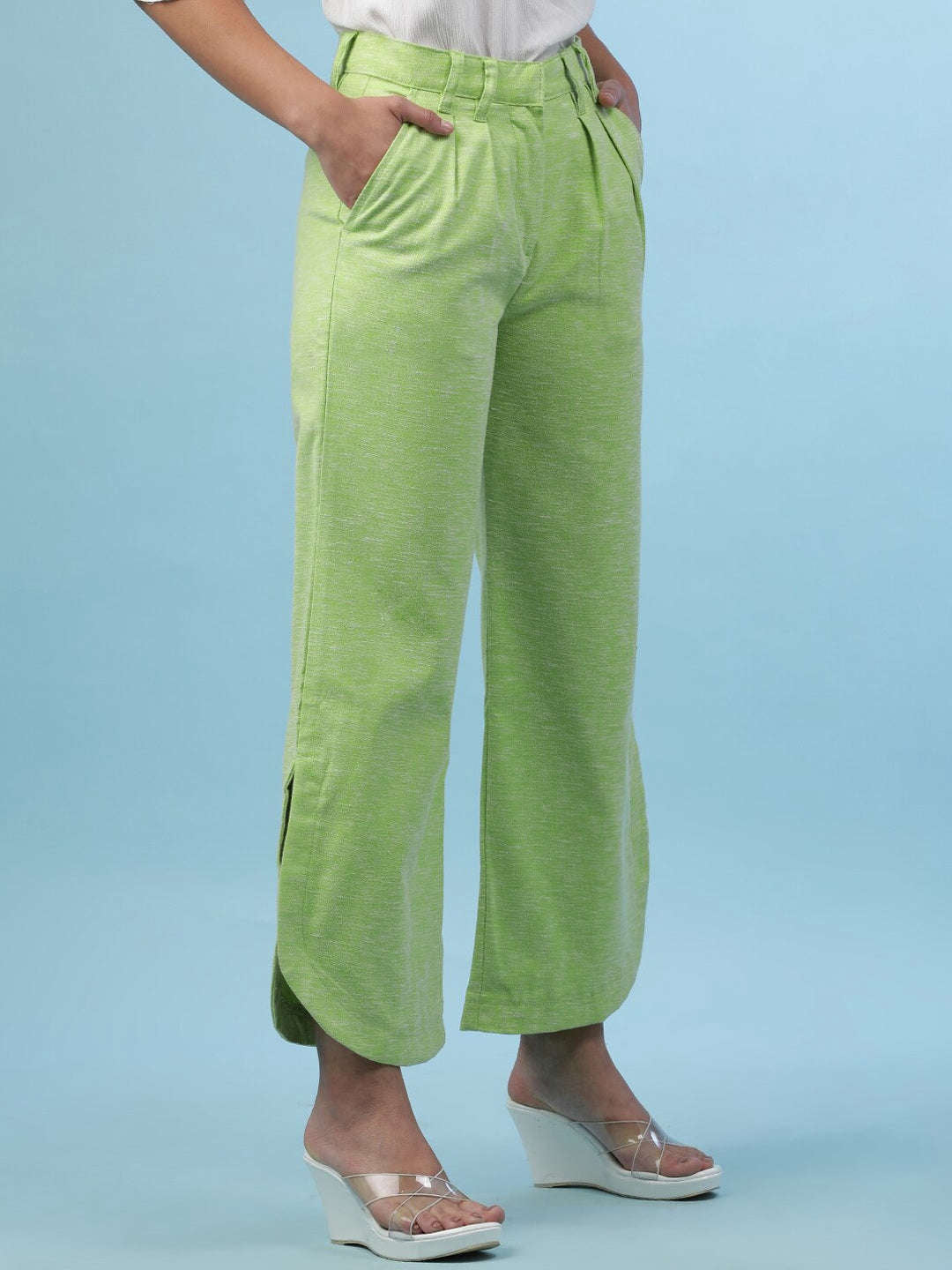 Shop Women Flare Pants With Curved Hem Online.