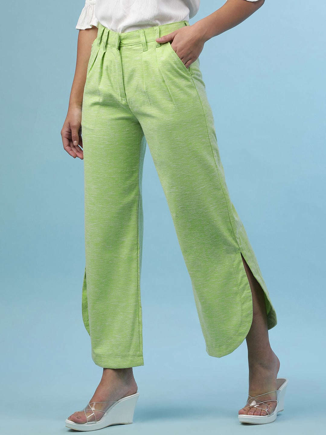 Shop Women Flare Pants With Curved Hem Online.