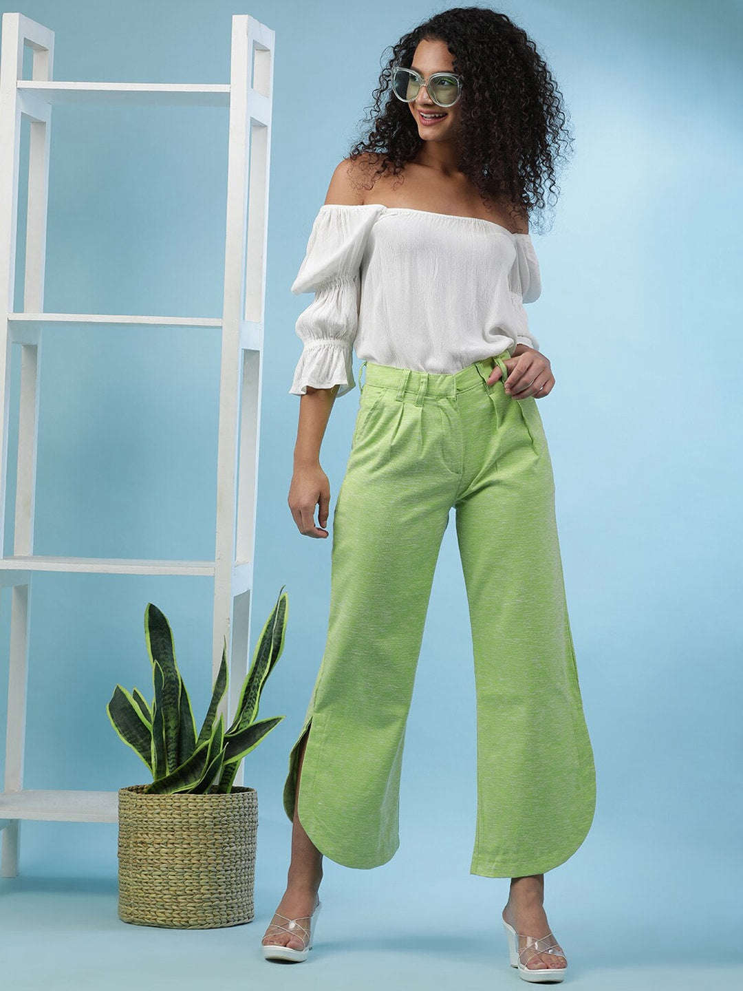 Shop Women Flare Pants With Curved Hem Online.