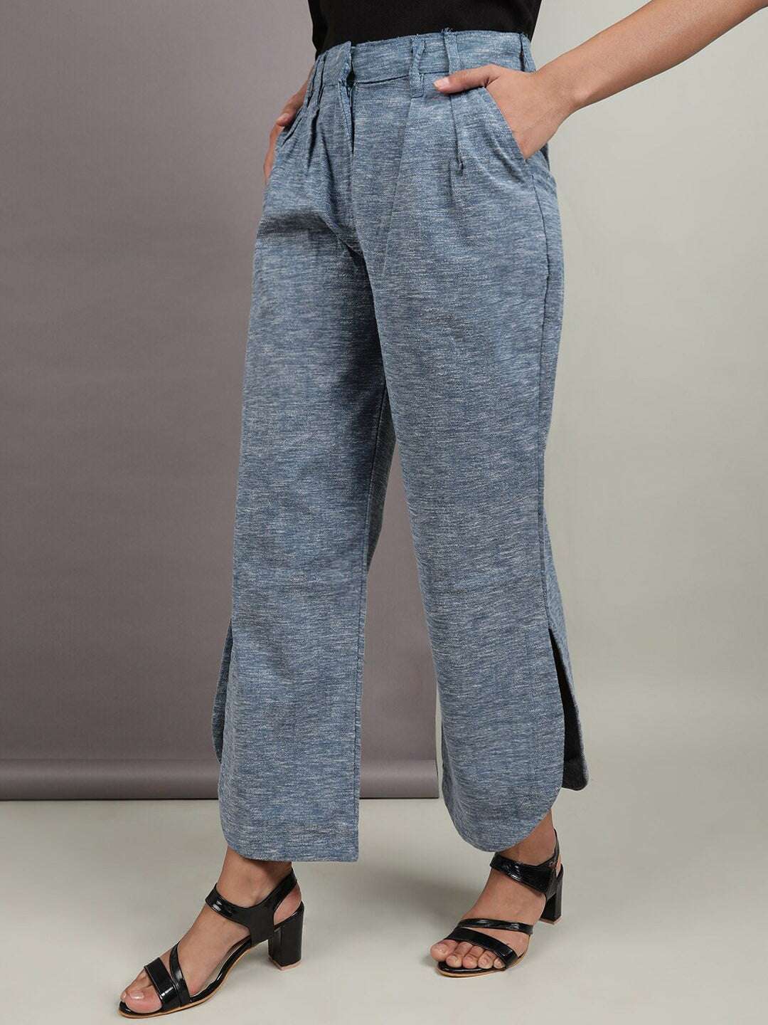 Shop Women Flare Pants With Curved Hem Online.