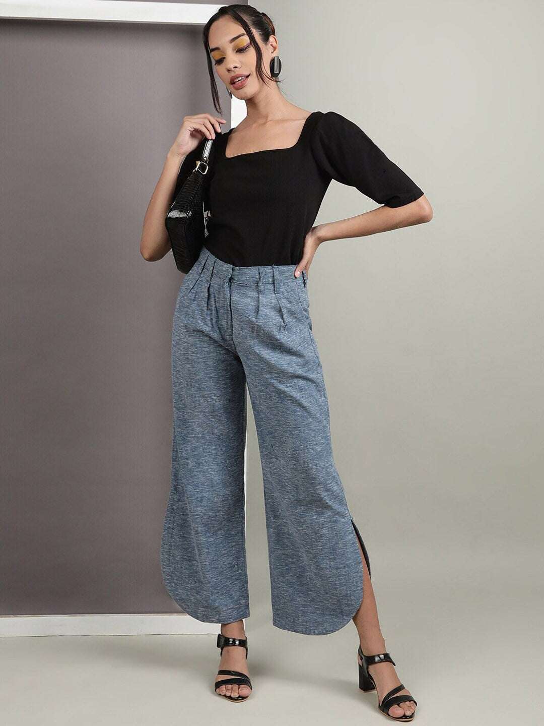 Shop Women Flare Pants With Curved Hem Online.