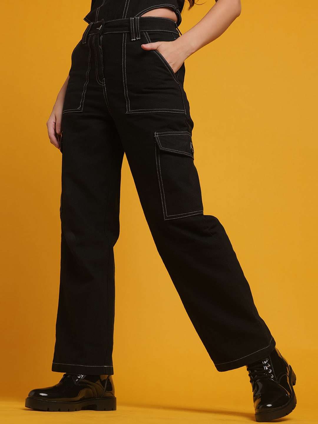 Shop Women Cargo Denim With Flap Pockets Online.