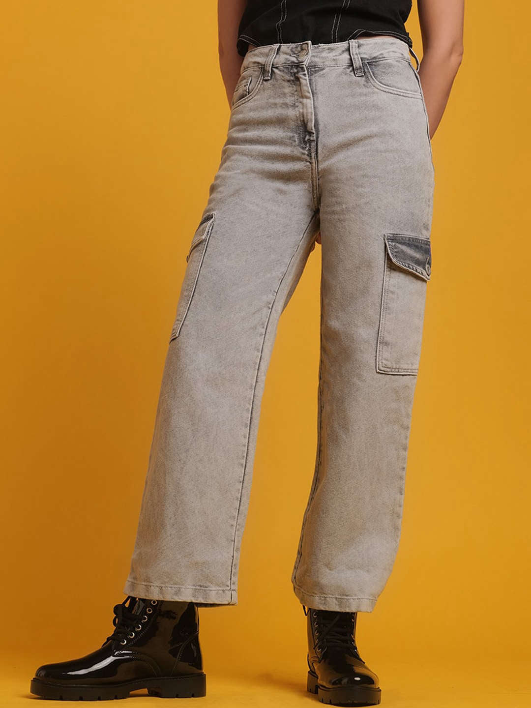 Shop Women Cargo Denim With Flap Pockets Online.