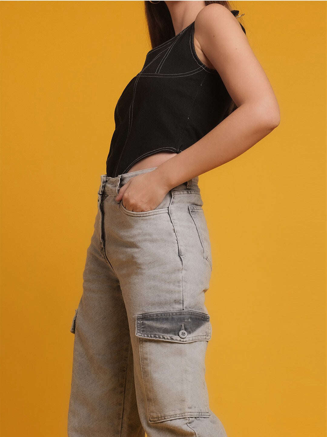 Shop Women Cargo Denim With Flap Pockets Online.