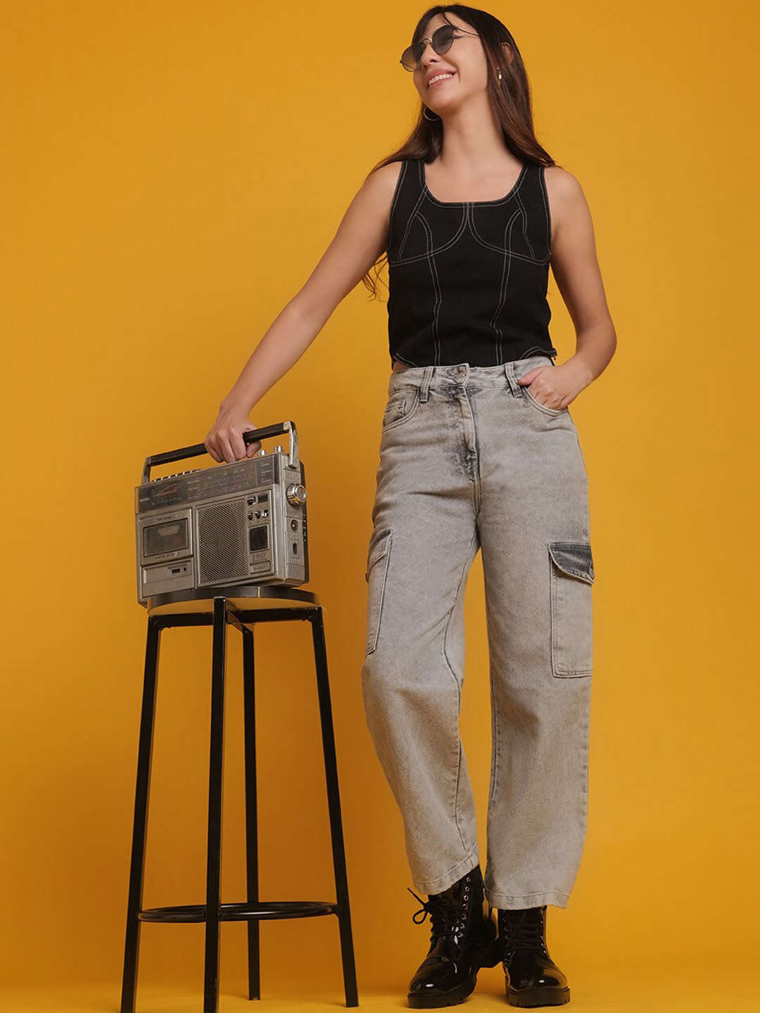 Shop Women Cargo Denim With Flap Pockets Online.