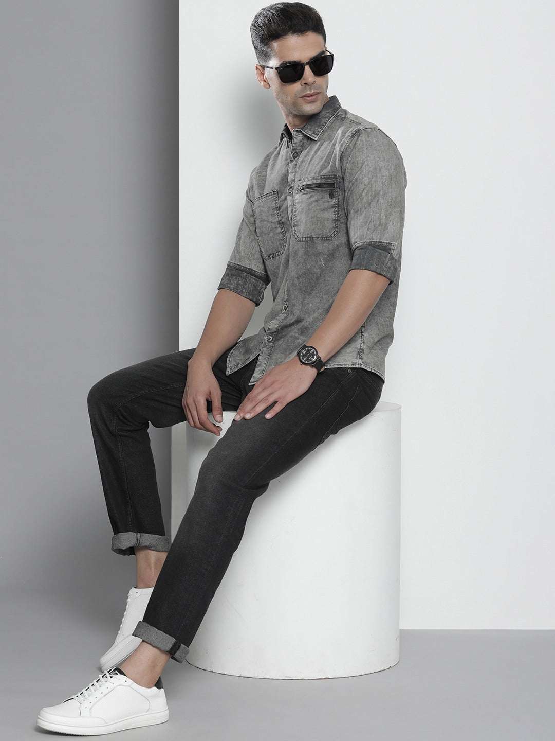 Shop The Indian Garage Co Men Grey Checked Casual Shirt Online.