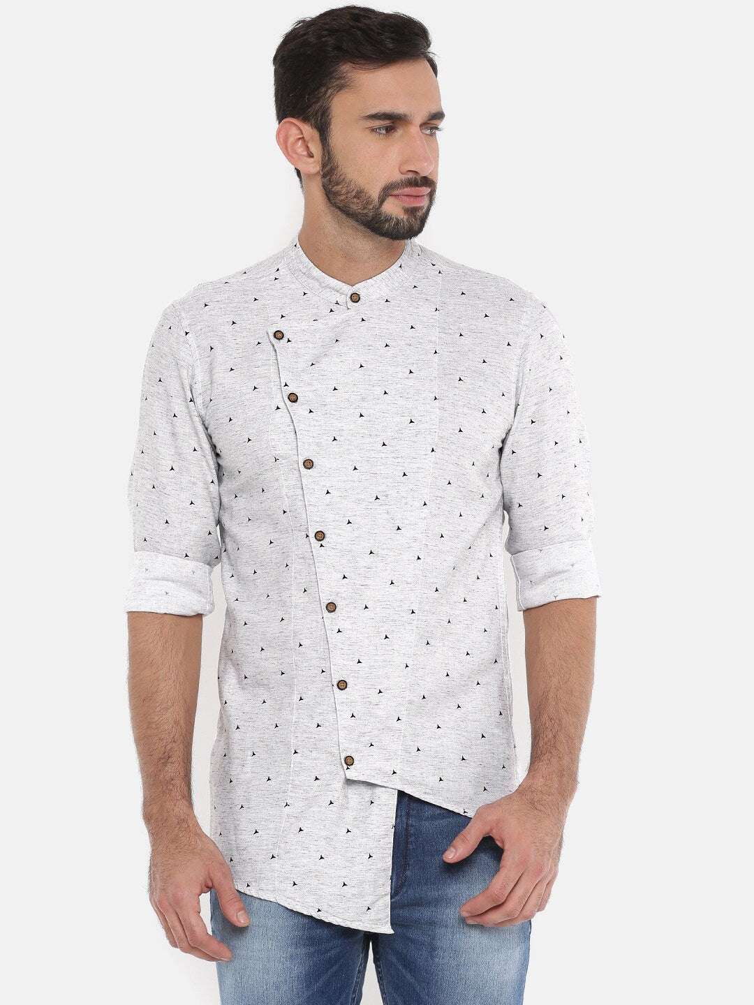 Shop The Indian Garage Co Men Grey Printed Asymmetric Kurta Online.