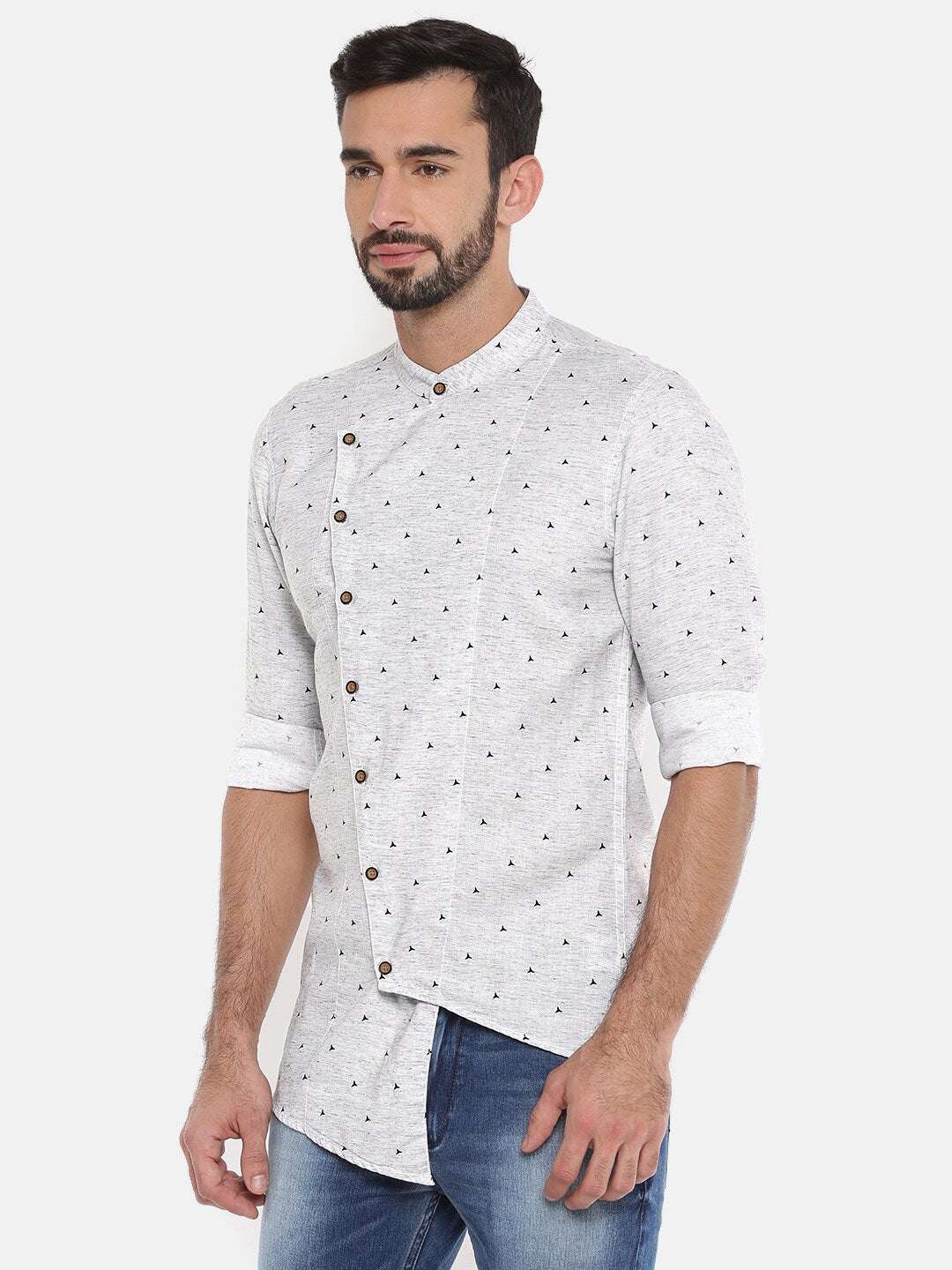 Shop The Indian Garage Co Men Grey Printed Asymmetric Kurta Online.