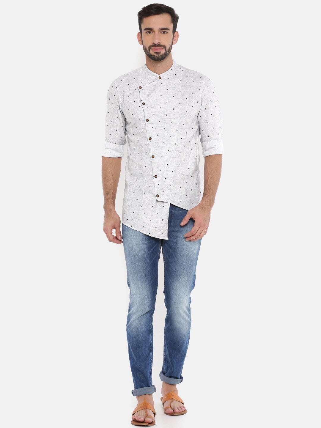 Shop The Indian Garage Co Men Grey Printed Asymmetric Kurta Online.